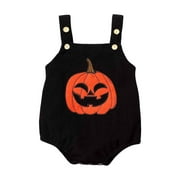Girls Boys Onesie Cute Corduroy Sleeveless Pumpkin Embroidery Adjustable Strap Halloween Bodysuits Infant Leisure Birthday Party One-Pieces,Black,12-18 Months